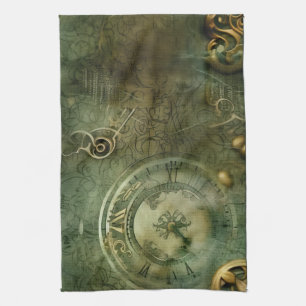 Classic Steampunk Clockwork Emerald Green Tea Towel