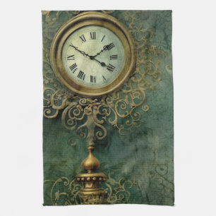 Classic Steampunk Clockwork with Emerald Rustic Tea Towel