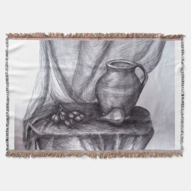 Classic Still Life Pencil Drawing Throw Blanket (Front)