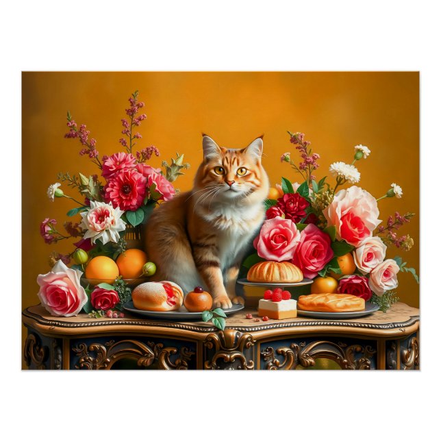 Classic Still Life with Cat and Nature's Bounty Poster (Front)