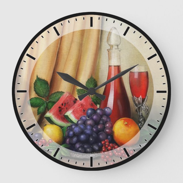 Classic still life with wine and fruits large clock (Front)