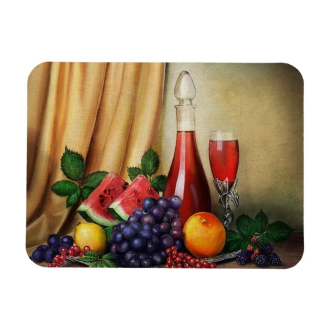 Classic still life with wine and fruits painting magnet (Horizontal)