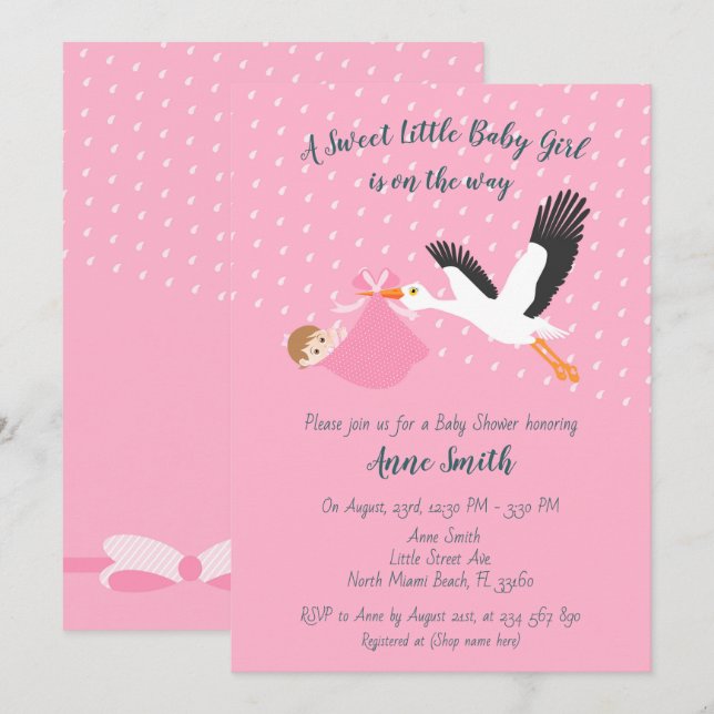 Classic Stork Baby girl Shower Invitation (Front/Back)
