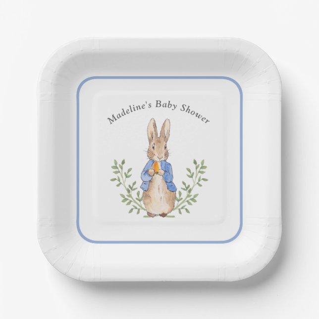 Classic Storybook Rabbit Blue Vintage Baby Shower Paper Plate (Front)