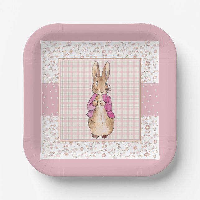 Classic Storybook Rabbit Check & Floral pattern Paper Plate (Front)