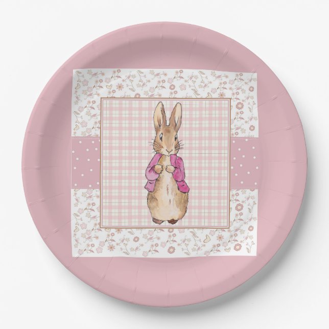 Classic Storybook Rabbit Check & Floral pattern Paper Plate (Front)