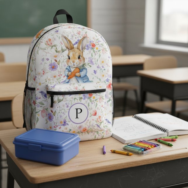 Classic Storybook Rabbit Floral Custom Initial  Printed Backpack (Creator Uploaded)