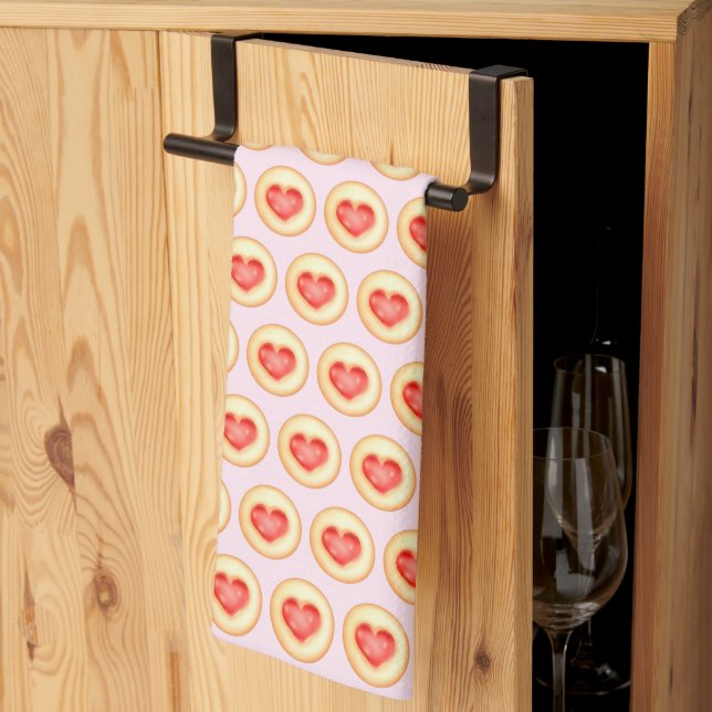 Classic Strawberry Heart Thumbprint Cookies Tea Towel (Thirds Fold)