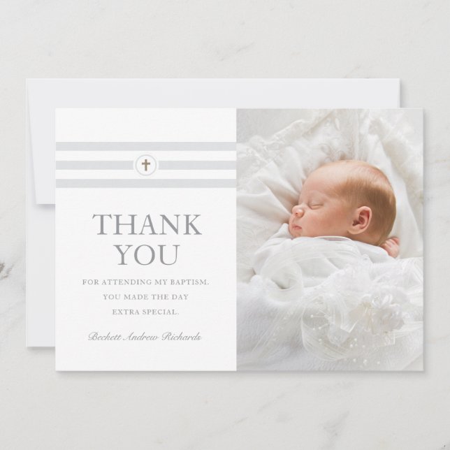 Classic stripe cross photo thank you card (Front)