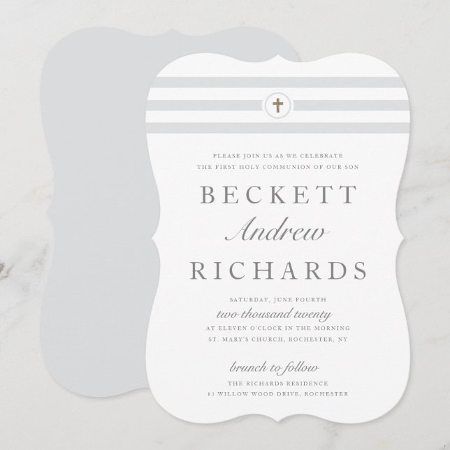 Classic stripe first holy communion invitation (Front/Back)