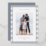Classic Stripe | Vertical Photo Hanukkah Silver Foil Holiday Card<br><div class="desc">Share holiday greetings with these Hanukkah photo cards featuring your favourite photo set on a background of pale grey and white stripes with luxe silver foil trim. An editable message area lets you customise your Chanukah or holiday greeting. Add your family name or names beneath along with the year.</div>