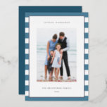 Classic Stripe | Vertical Photo Hanukkah Silver Foil Holiday Card<br><div class="desc">Share holiday greetings with these Hanukkah photo cards featuring your favourite photo set on a background of coastal blue and white stripes with luxe silver foil trim. An editable message area lets you customise your Chanukah or holiday greeting. Add your family name or names beneath along with the year.</div>