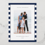 Classic Stripe | Vertical Photo Hanukkah Silver Foil Holiday Card<br><div class="desc">Share holiday greetings with these Hanukkah photo cards featuring your favourite photo set on a background of light blue and white stripes with luxe silver foil trim. An editable message area lets you customise your Chanukah or holiday greeting. Add your family name or names beneath along with the year.</div>