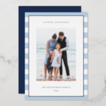 Classic Stripe | Vertical Photo Hanukkah Silver Foil Holiday Card<br><div class="desc">Share holiday greetings with these Hanukkah photo cards featuring your favourite photo set on a background of pale blue and white stripes with luxe silver foil trim. An editable message area lets you customise your Chanukah or holiday greeting. Add your family name or names beneath along with the year.</div>