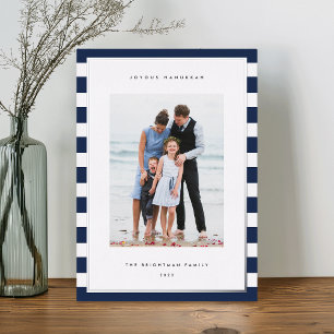 Classic Stripe Vertical Photo Hanukkah Silver Foil Holiday Card