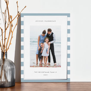 Classic Stripe   Vertical Photo Hanukkah Silver Foil Holiday Card