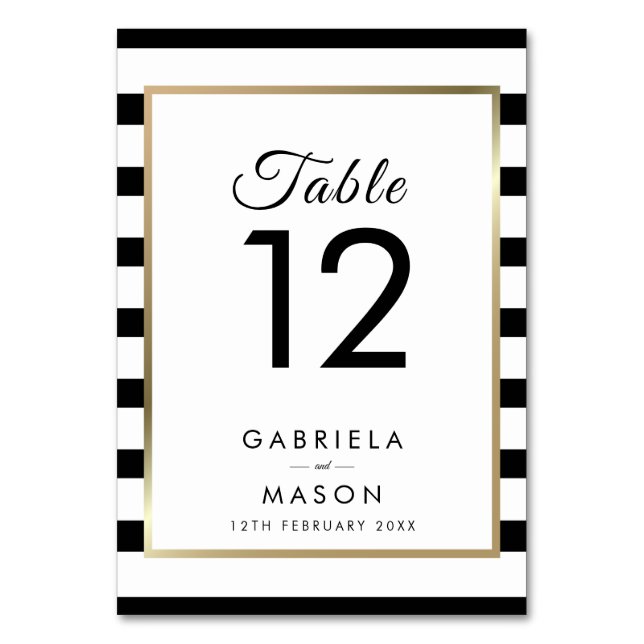 Classic Stripe Wedding  | Faux Gold Foil Table Number (Front)
