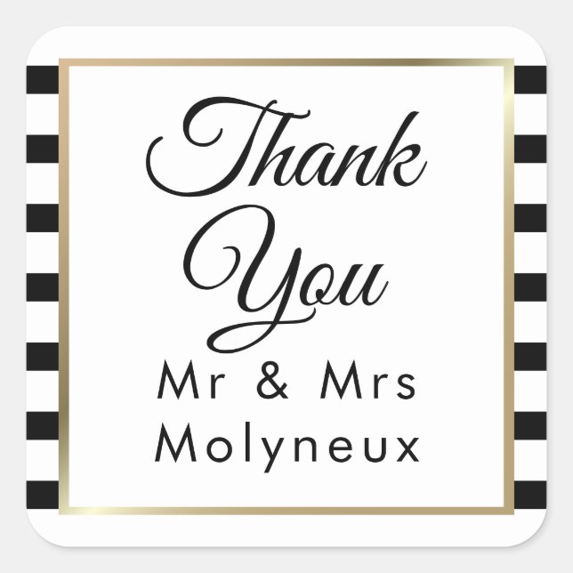 Classic Stripe Wedding | Faux Gold Foil Thank You Square Sticker (Front)