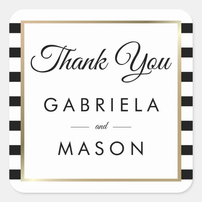 Classic Stripe Wedding | Faux Gold Foil Thank You Square Sticker (Front)
