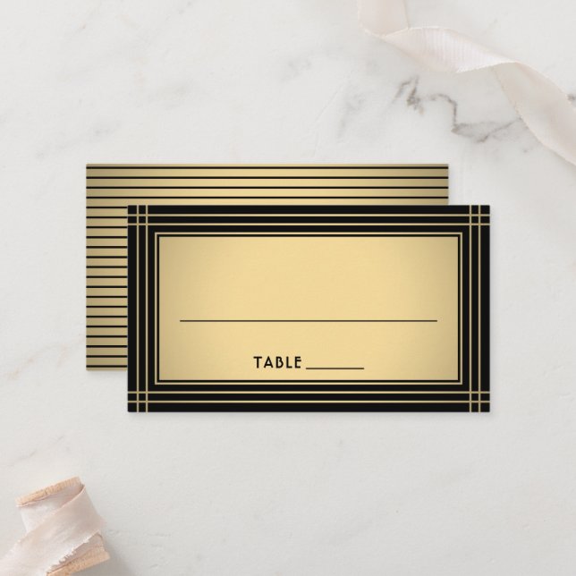 Classic Striped Border Chic Black & Gold Escort / Place Card (Front/Back In Situ)