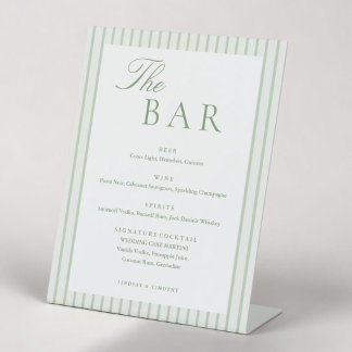 Classic Striped Green Wedding Bar Menu Pedestal Sign