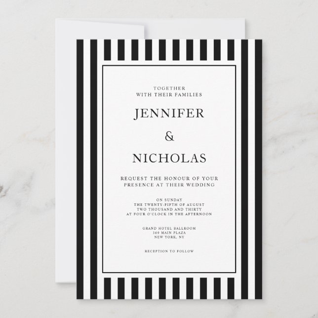 Classic Stripes Black And White Wedding Invitation (Front)