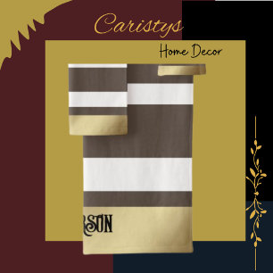 Classic Stripes, Brown, White, Gold Personalised Bath Towel Set