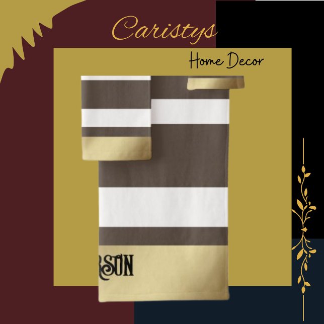 Classic Stripes, Brown, White, Gold  Personalised Bath Towel Set (Creator Uploaded)
