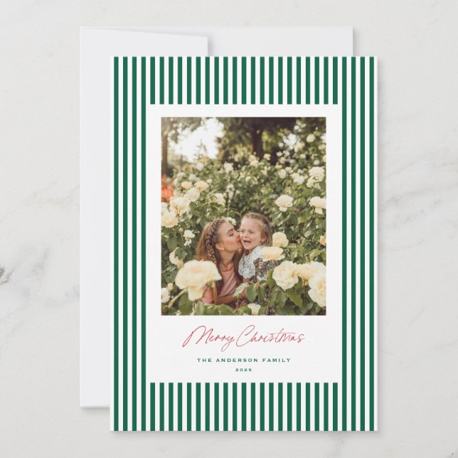 Classic Stripes Green Christmas Holiday Photo Card (Front)