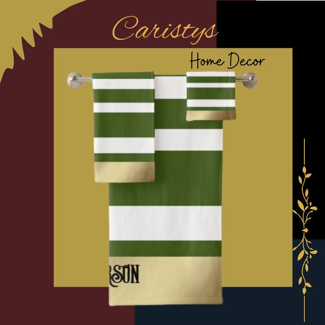 Classic Stripes, Olive, White, Gold  Personalised Bath Towel Set (Creator Uploaded)
