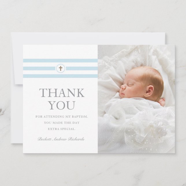Classic Stripes Photo Blue Baptism Thank You Card (Front)