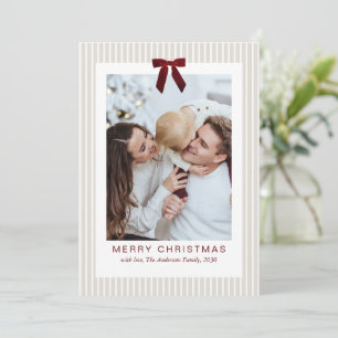 Classic Stripes Red Bow Frame Christmas Photo Holiday Card