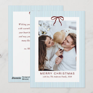 Classic Stripes Red Bow Merry Christmas Photo Holiday Card