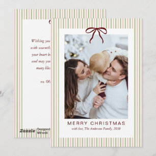 Classic Stripes Red Bow Merry Christmas Photo Holiday Card