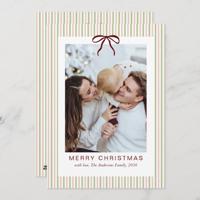 Classic Stripes Red Bow Merry Christmas Photo  Holiday Card (Front/Back)