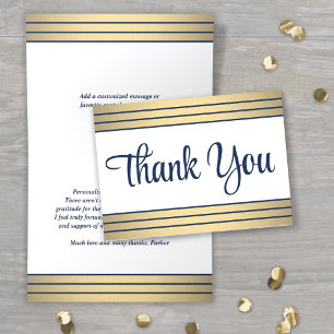 Classic Stripes & Stylish Script Navy Blue & Gold Thank You Card
