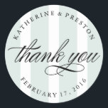 Classic Stripes Wedding Thank You Favour Sticker<br><div class="desc">Put the finishing touches on your wedding favours with this classic round sticker featuring vertical stripes,  your names and wedding date,  and "thank you" in an elegant script.</div>