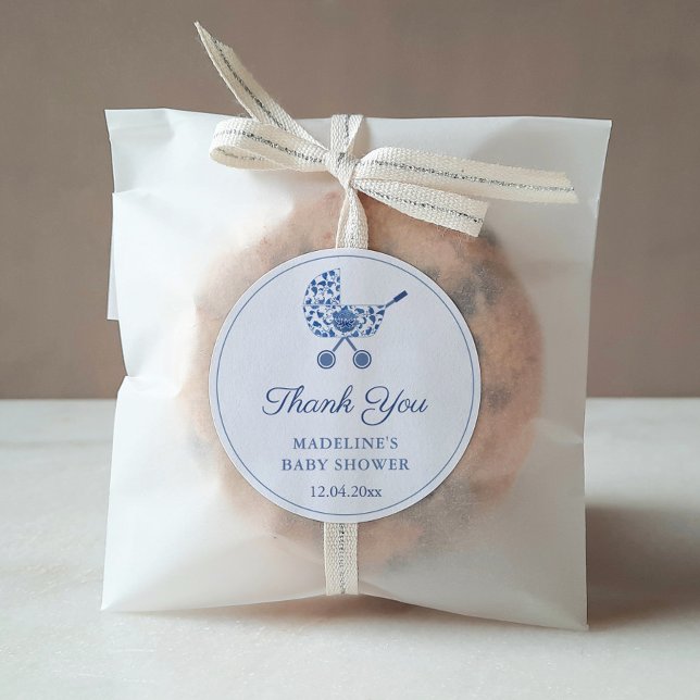Classic Stroller Blue White Baby Shower Favour Round Sticker (Blue And White Chinoiserie Pattern Classic Buggy Baby Shower Favor Sticker)