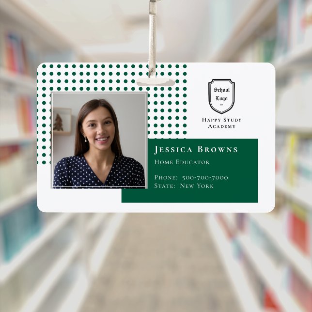 Classic Student ID Dark Green School Logo Photo  ID Badge (Classic Student ID Dark Green School Logo Photo Badge)