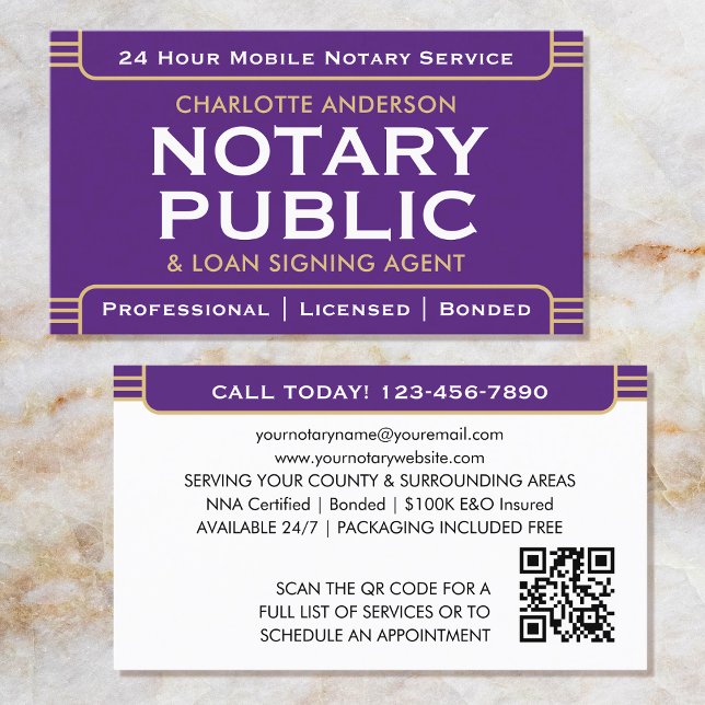 Classic Style Mobile Notary Public ID Purple Gold Business Card (Creator Uploaded)