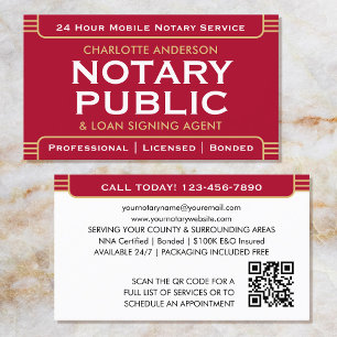 Classic Style Mobile Notary Public ID Red Gold Business Card