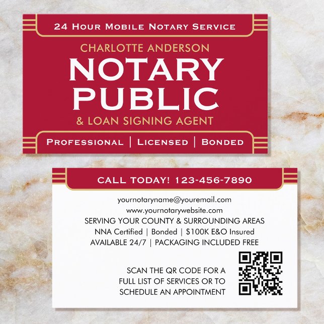 Classic Style Mobile Notary Public ID Red Gold Business Card (Creator Uploaded)