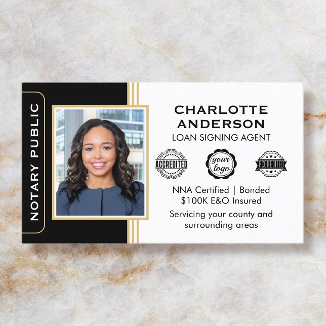Classic Style Notary Signing Agent ID Black Gold Business Card (Creator Uploaded)