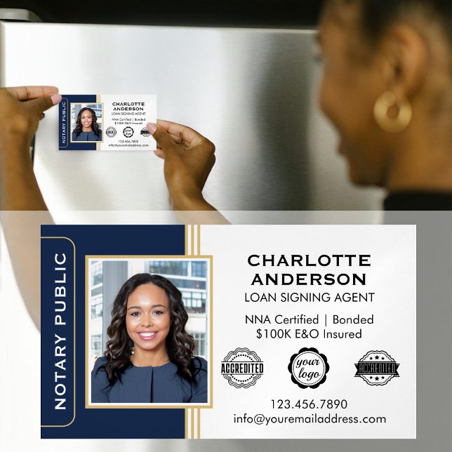 Classic Style Notary Signing Agent ID Blue Gold Magnetic Business Card (Creator Uploaded)