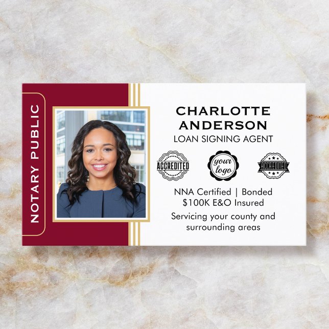 Classic Style Notary Signing Agent ID Burgundy Business Card (Creator Uploaded)