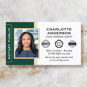 Classic Style Notary Signing Agent ID Green Gold Business Card