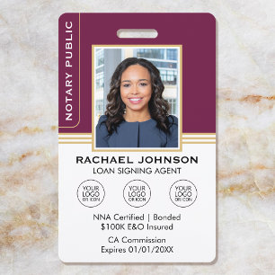 Classic Style Notary Signing Agent ID Plum Gold Badge