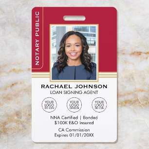 Classic Style Notary Signing Agent ID Red Gold Badge