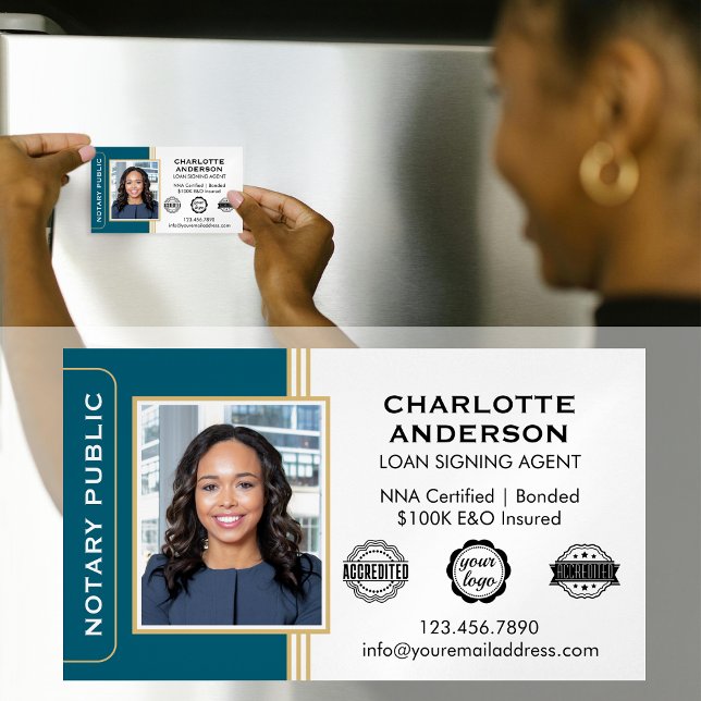 Classic Style Notary Signing Agent ID Teal Gold Magnetic Business Card (Creator Uploaded)