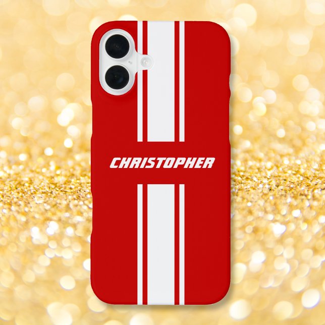 Classic Stylish Red White Racing Stripes Monogram iPhone Case (Classic Stylish Red White Racing Stripes Monogram iPhone Case)